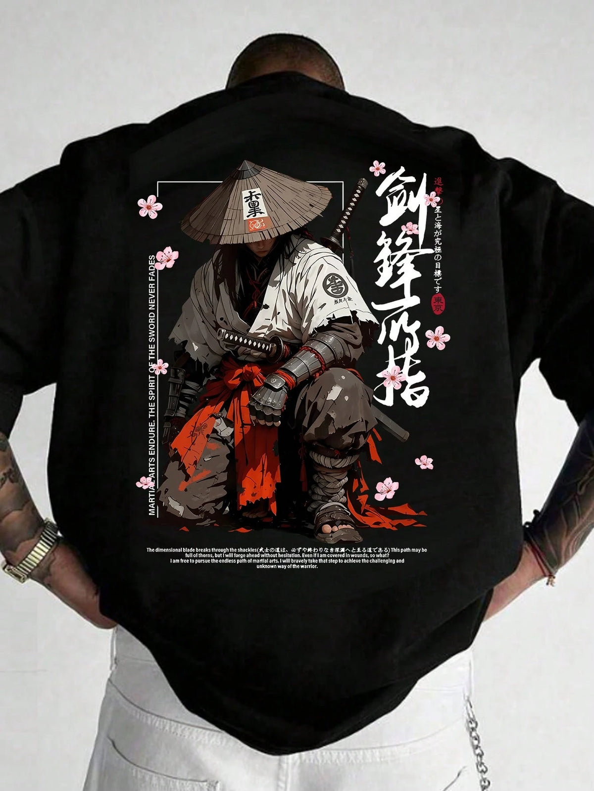 SXV Japanese Cyberpunk Illustration Print Black Crew Neck Short Sleeve T-Shirt