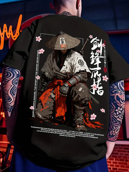 SXV Japanese Cyberpunk Illustration Print Black Crew Neck Short Sleeve T-Shirt