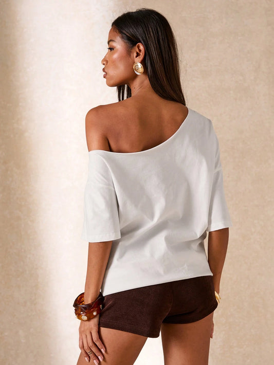 SXV Women's Asymmetric Neckline Letter & Floral Print Short Sleeve T-Shirt
