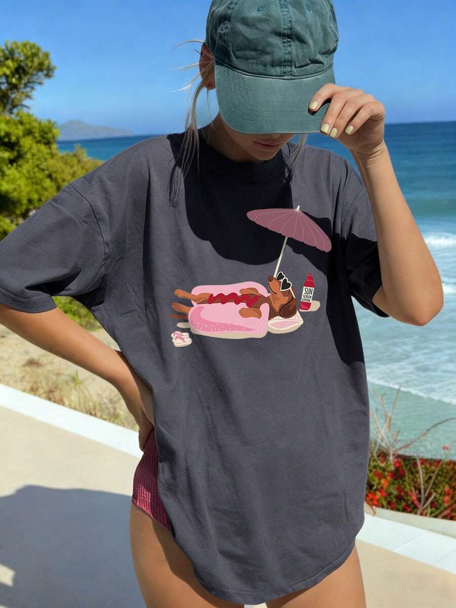 SXV Women's Summer New Casual Beach Sunbathing Dachshund Print Loose Versatile Crew Neck Beige Short Sleeve T-Shirt
