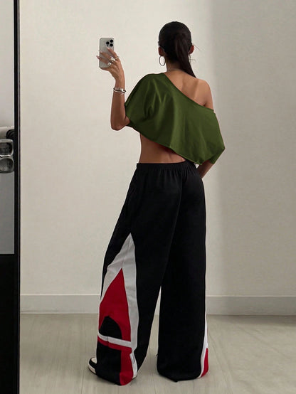 SXV Streetwear Going Out Sport Casual Graphic Off Shoulder Slouchy Cropped green Tee
