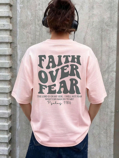 SXV Women's Belief Overcomes Fear Letter Print Casual Round Neck Short Sleeve T-Shirt