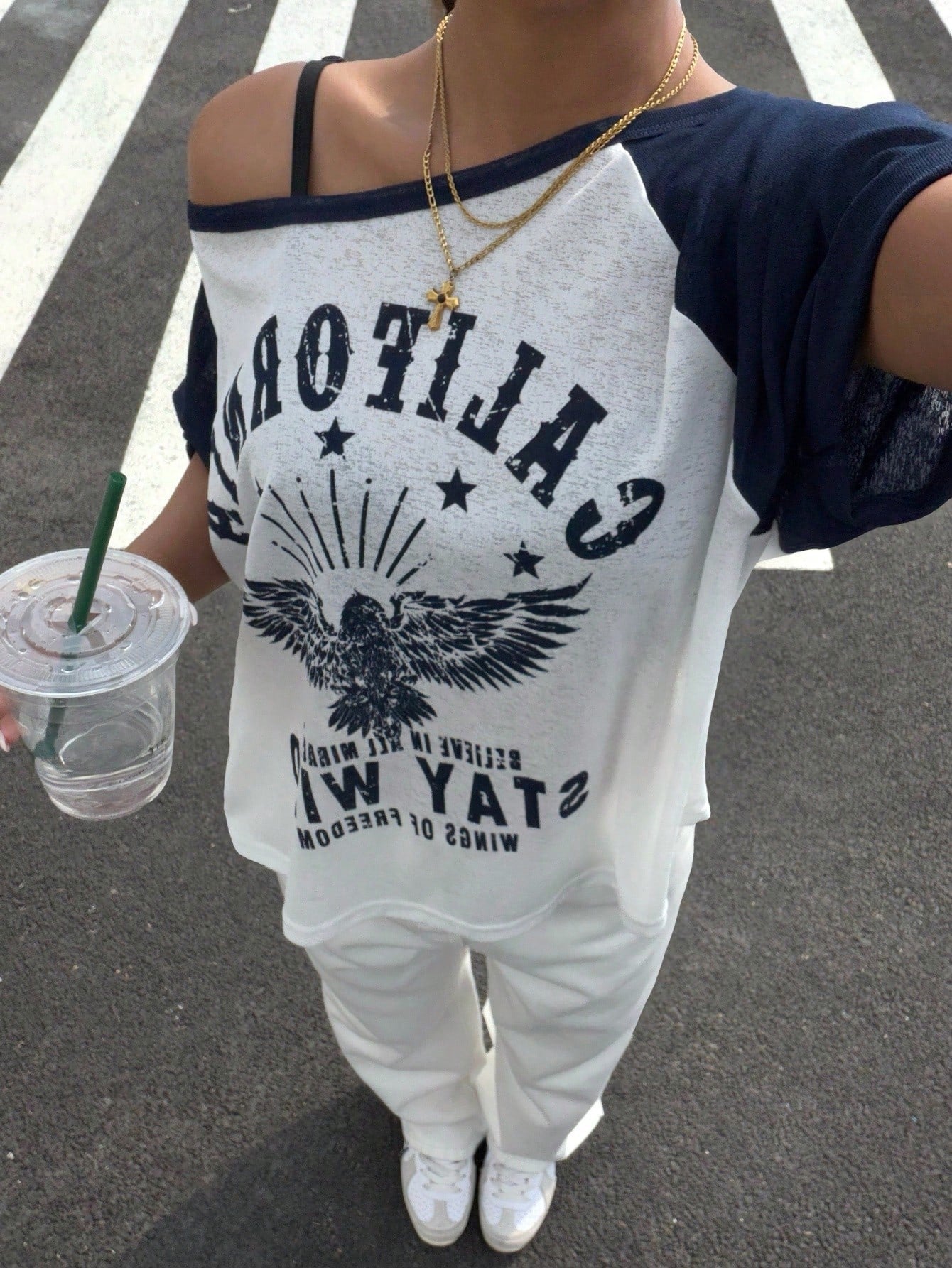 SXV Asymmetric Collar Contrast Color Eagle Letter Print T-Shirt