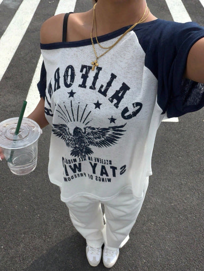 SXV Asymmetric Collar Contrast Color Eagle Letter Print T-Shirt