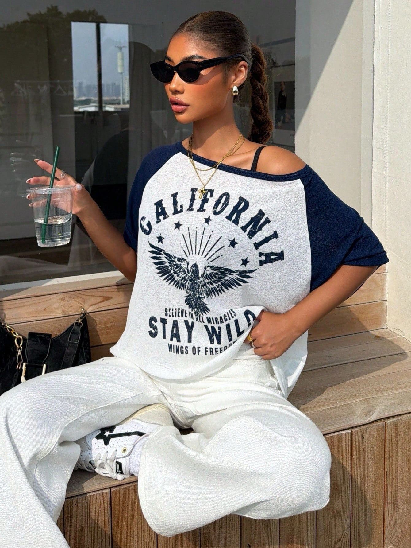 SXV Asymmetric Collar Contrast Color Eagle Letter Print T-Shirt
