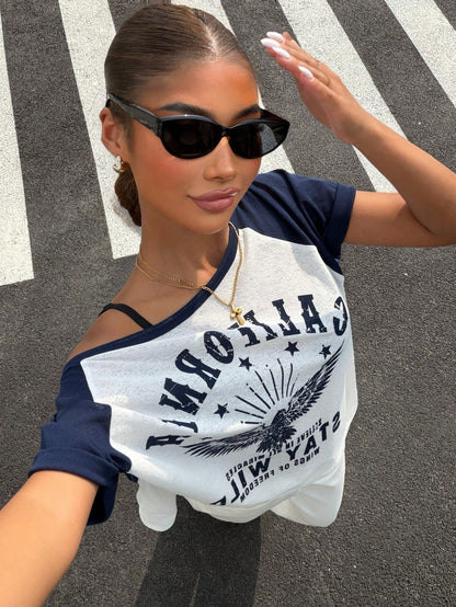 SXV Asymmetric Collar Contrast Color Eagle Letter Print T-Shirt
