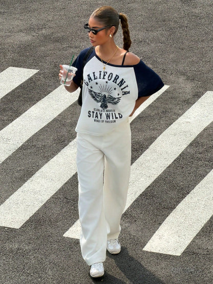 SXV Asymmetric Collar Contrast Color Eagle Letter Print T-Shirt
