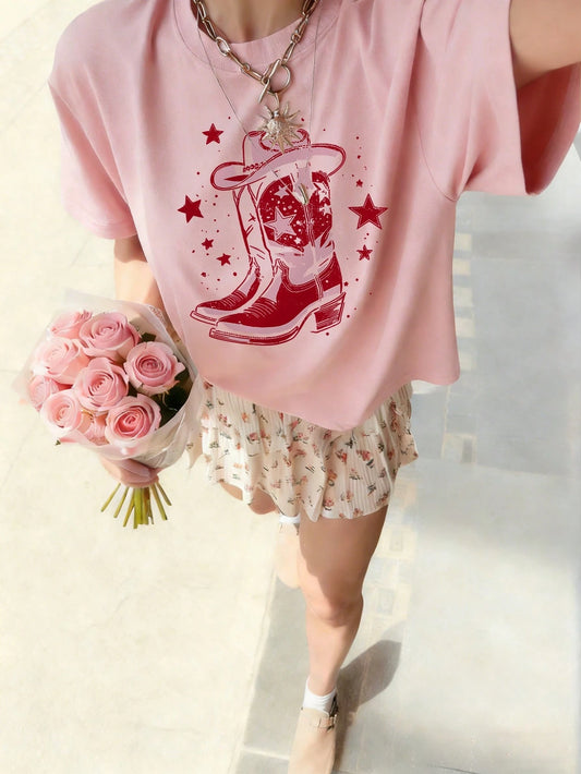 SXV Hat & High Heel Boot Graphic Print Round Neck Pink Short Sleeve T-Shirt