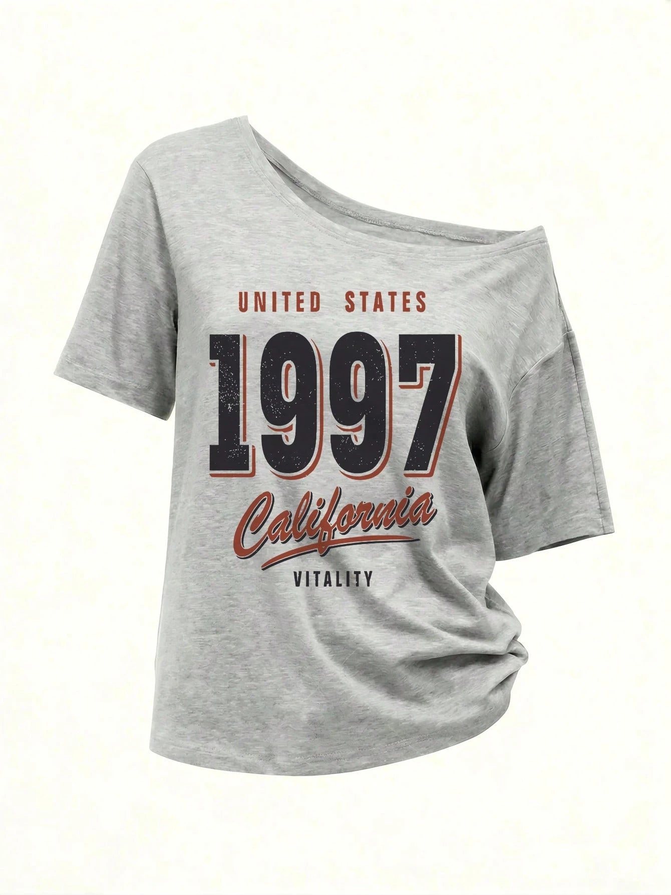 SXV Y2K Retro California 1997 Letter Graphic Cold Shoulder Loose Gray Asymmetric Hem T-Shirt