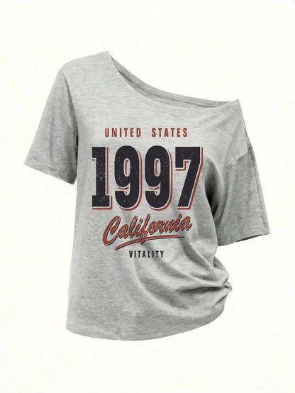 SXV Y2K Retro California 1997 Letter Graphic Cold Shoulder Loose Gray Asymmetric Hem T-Shirt