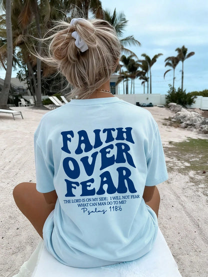 SXV Women's Belief Overcomes Fear Letter Print Casual Round Neck Short Sleeve T-Shirt