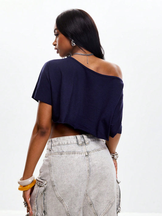 SXV Summer Streetwear Chic Y2K Daily Wear Graphics Asymmetrical Neck Crop T-Shirt