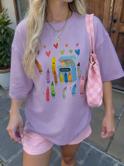 SXV Summer Round Neck Short-Sleeved T-Shirt With Crayon Graphic