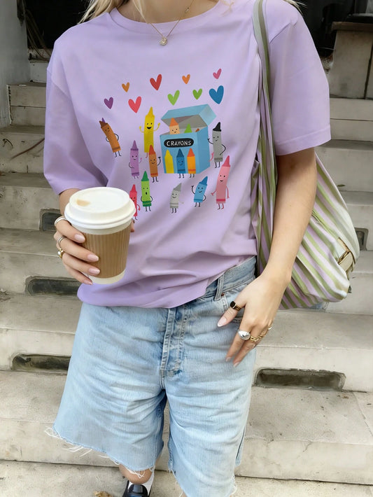 SXV Summer Round Neck Short-Sleeved T-Shirt With Crayon Graphic
