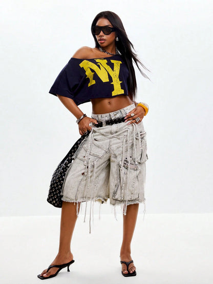 SXV Summer Streetwear Chic Y2K Daily Wear Graphics Asymmetrical Neck Crop T-Shirt