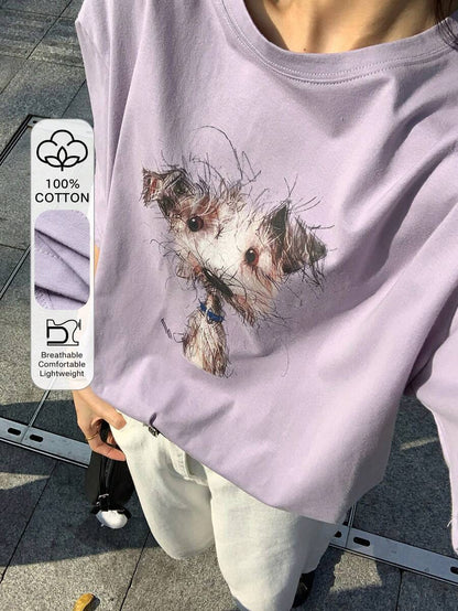 SXV Women's Casual Dog Print Short Sleeve T-Shirt, Summer