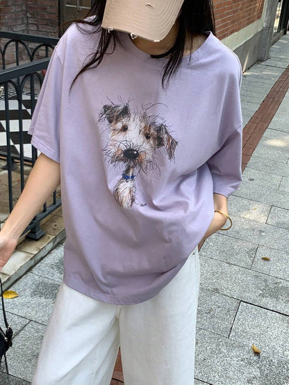SXV Women's Casual Dog Print Short Sleeve T-Shirt, Summer