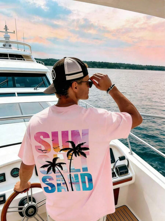 SXV sun salt sand Letter & Palm Tree Print Short Sleeve T-Shirt