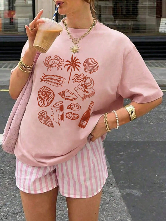 SXV Beach Seashell & Crab Print Casual Vacation Loose Versatile Round Neck White Short Sleeve T-Shirt