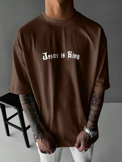 SXV God Is King Letter Print Round Neck Short Sleeve T-Shirt, Coffee Color