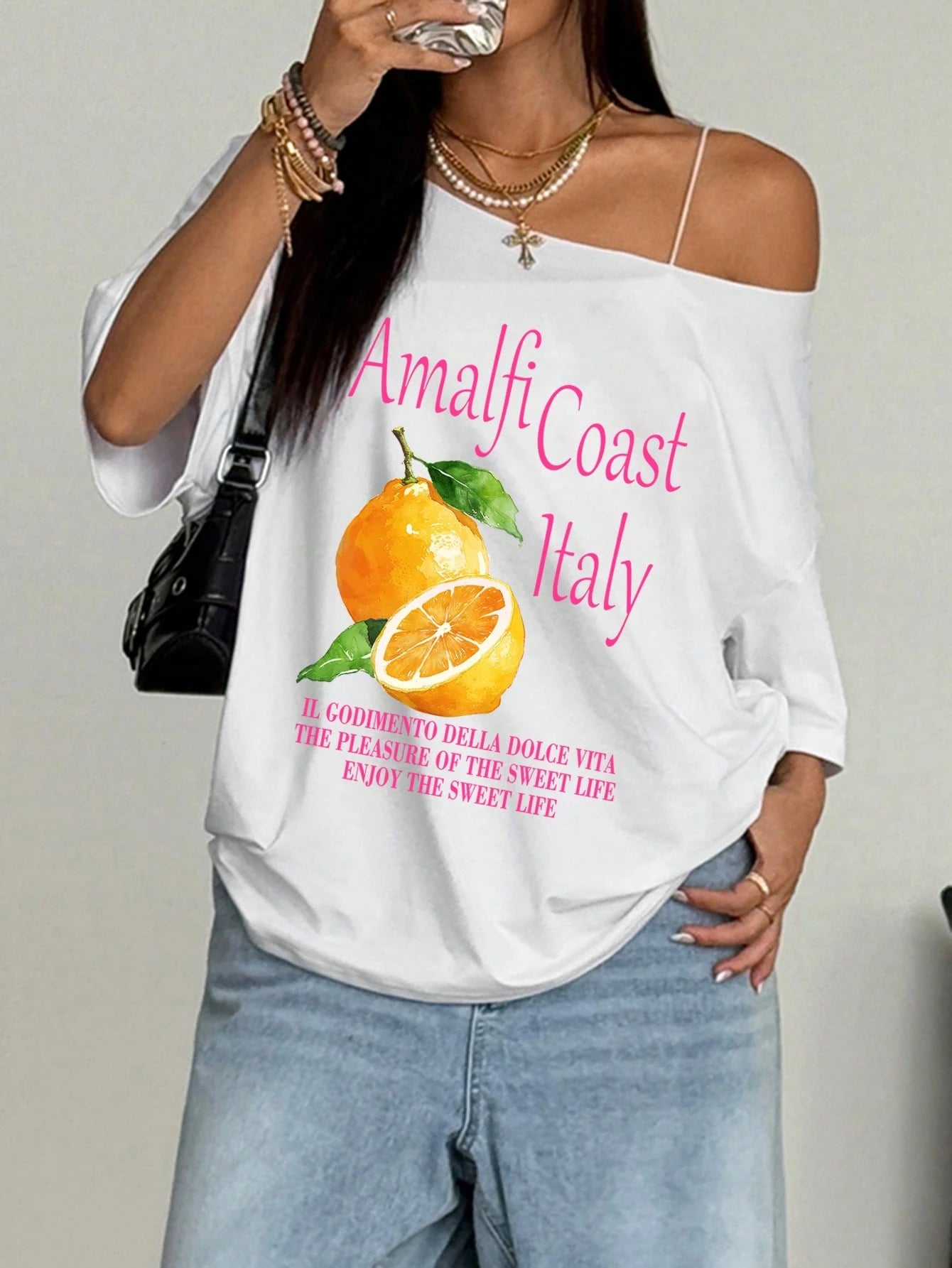 SXV Oversized Women's Loose Asymmetric-Shoulder T-Shirt, Amalfi Coast Italy Beach