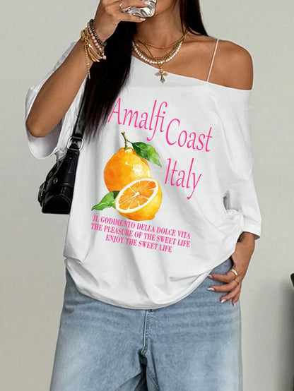 SXV Oversized Women's Loose Asymmetric-Shoulder T-Shirt, Amalfi Coast Italy Beach
