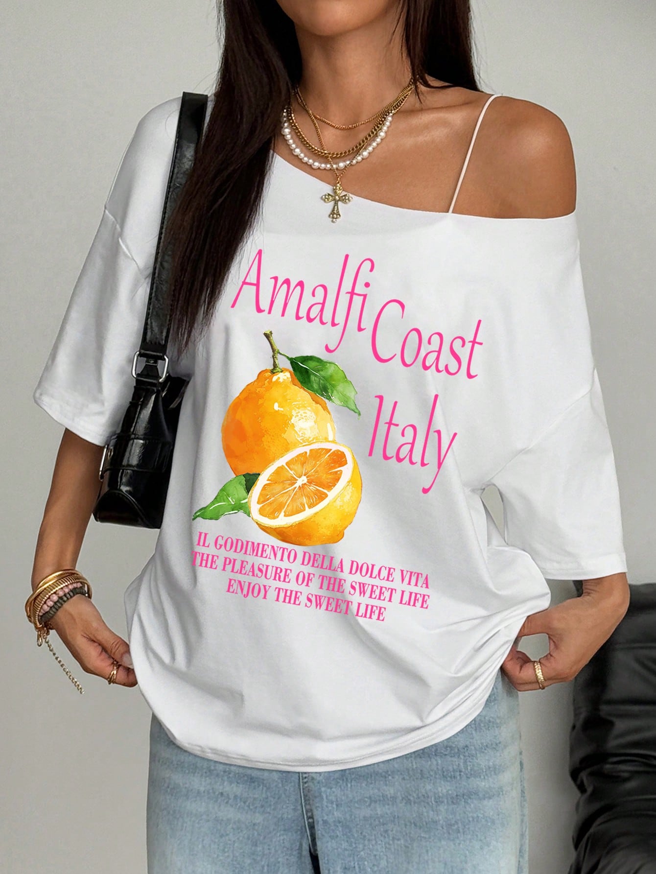 SXV Oversized Women's Loose Asymmetric-Shoulder T-Shirt, Amalfi Coast Italy Beach