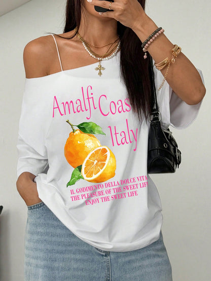 SXV Oversized Women's Loose Asymmetric-Shoulder T-Shirt, Amalfi Coast Italy Beach