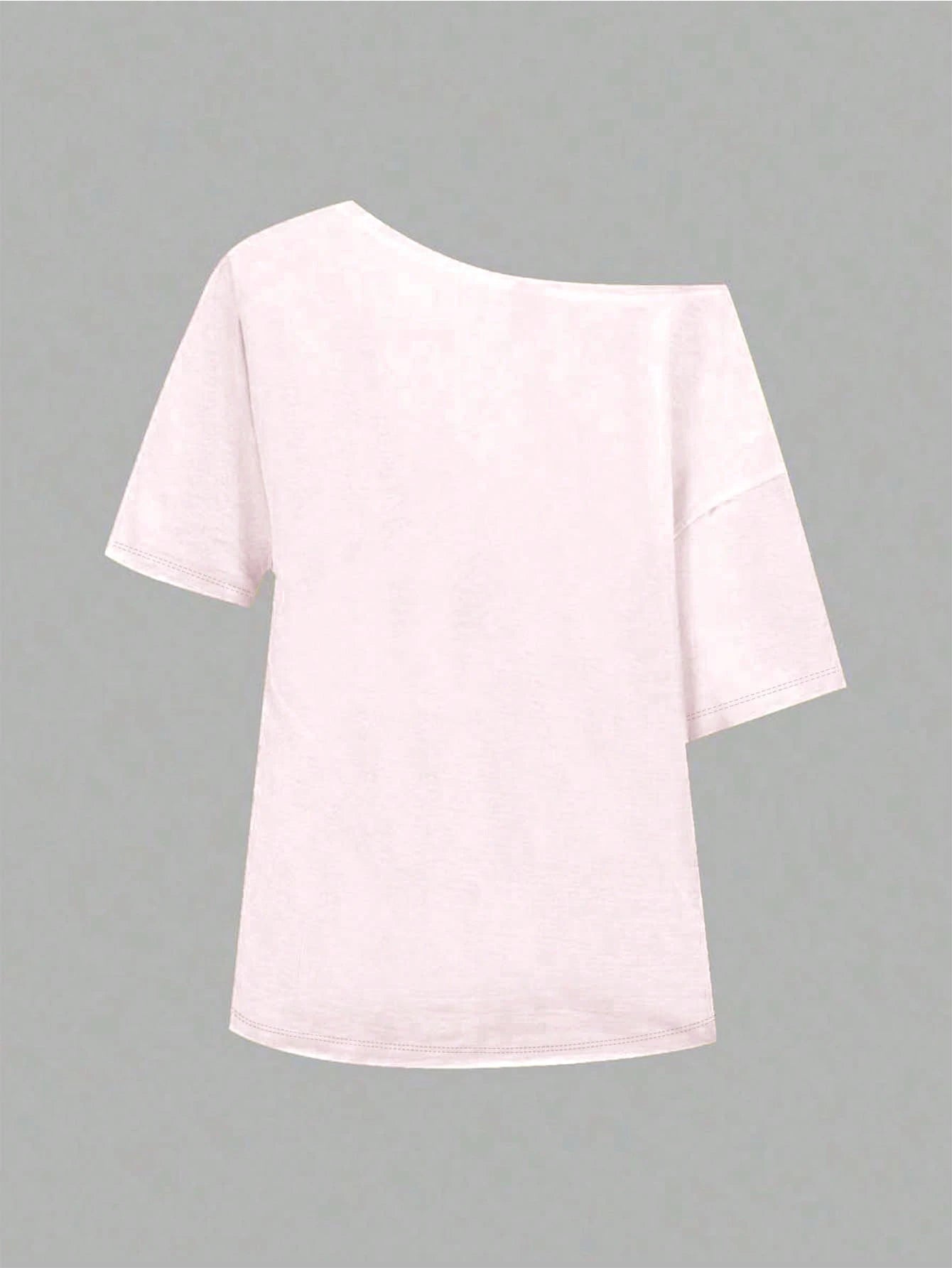 SXV Women's Loose Asymmetric-Shoulder T-Shirt With Fruit & Coconut Pattern