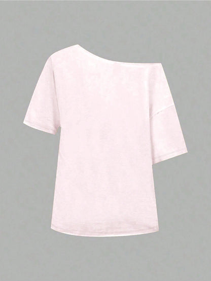 SXV Women's Loose Asymmetric-Shoulder T-Shirt With Fruit & Coconut Pattern