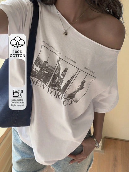 SXV Letter & Building Print Loose Fit Asymmetrical Shoulder Short Sleeve T-Shirt Summer