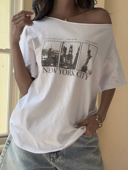 SXV Letter & Building Print Loose Fit Asymmetrical Shoulder Short Sleeve T-Shirt Summer