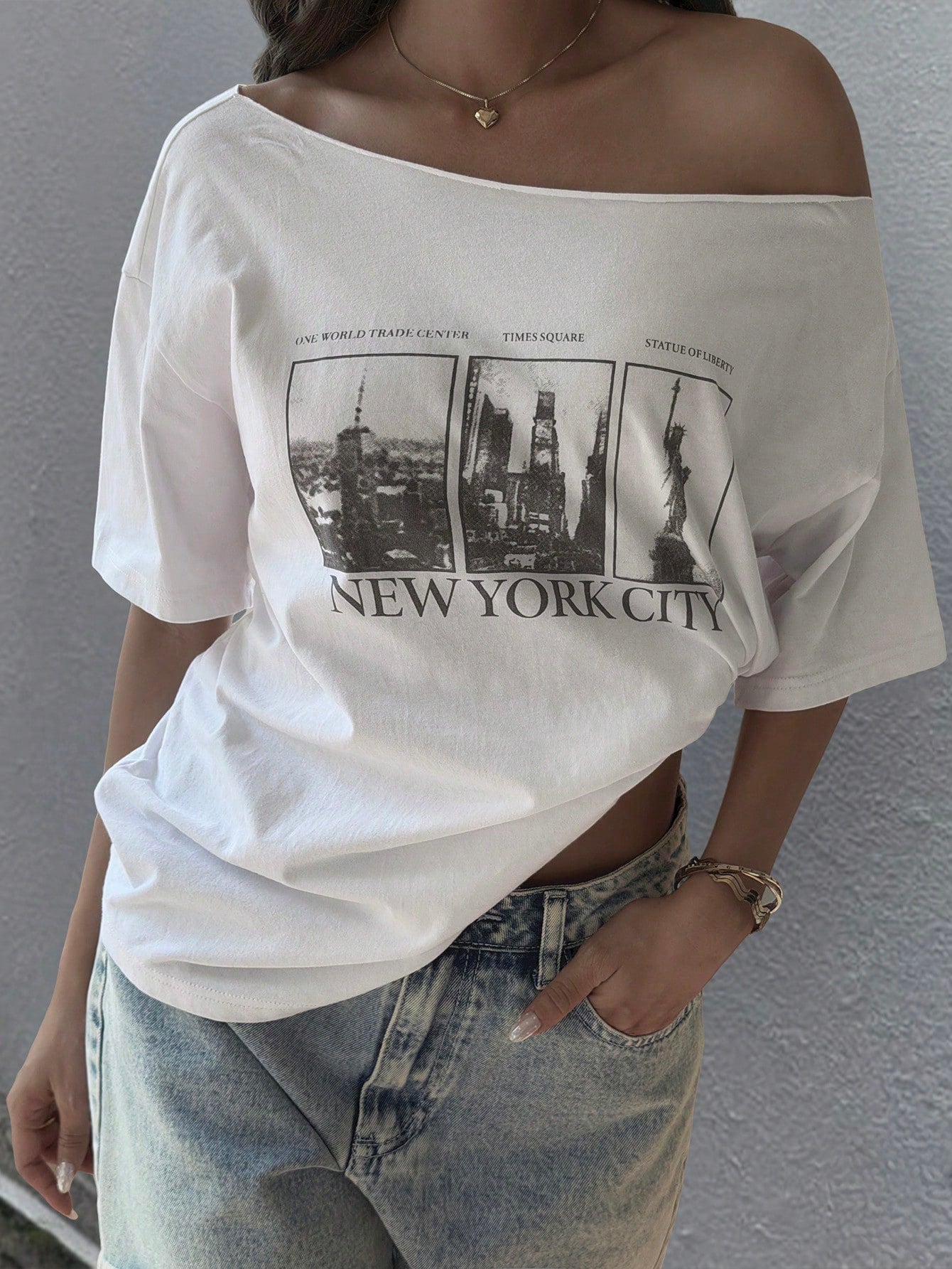 SXV Letter & Building Print Loose Fit Asymmetrical Shoulder Short Sleeve T-Shirt Summer