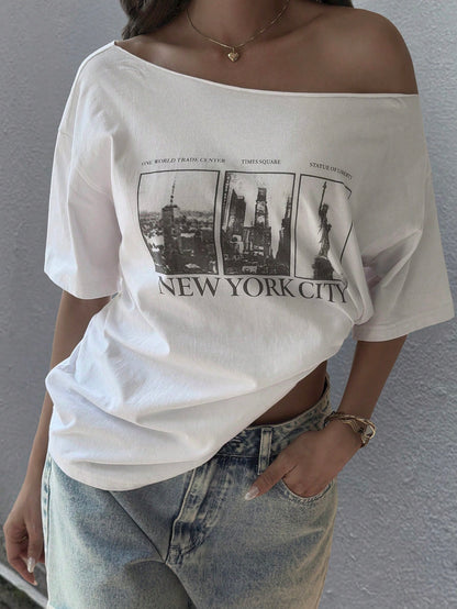 SXV Letter & Building Print Loose Fit Asymmetrical Shoulder Short Sleeve T-Shirt Summer