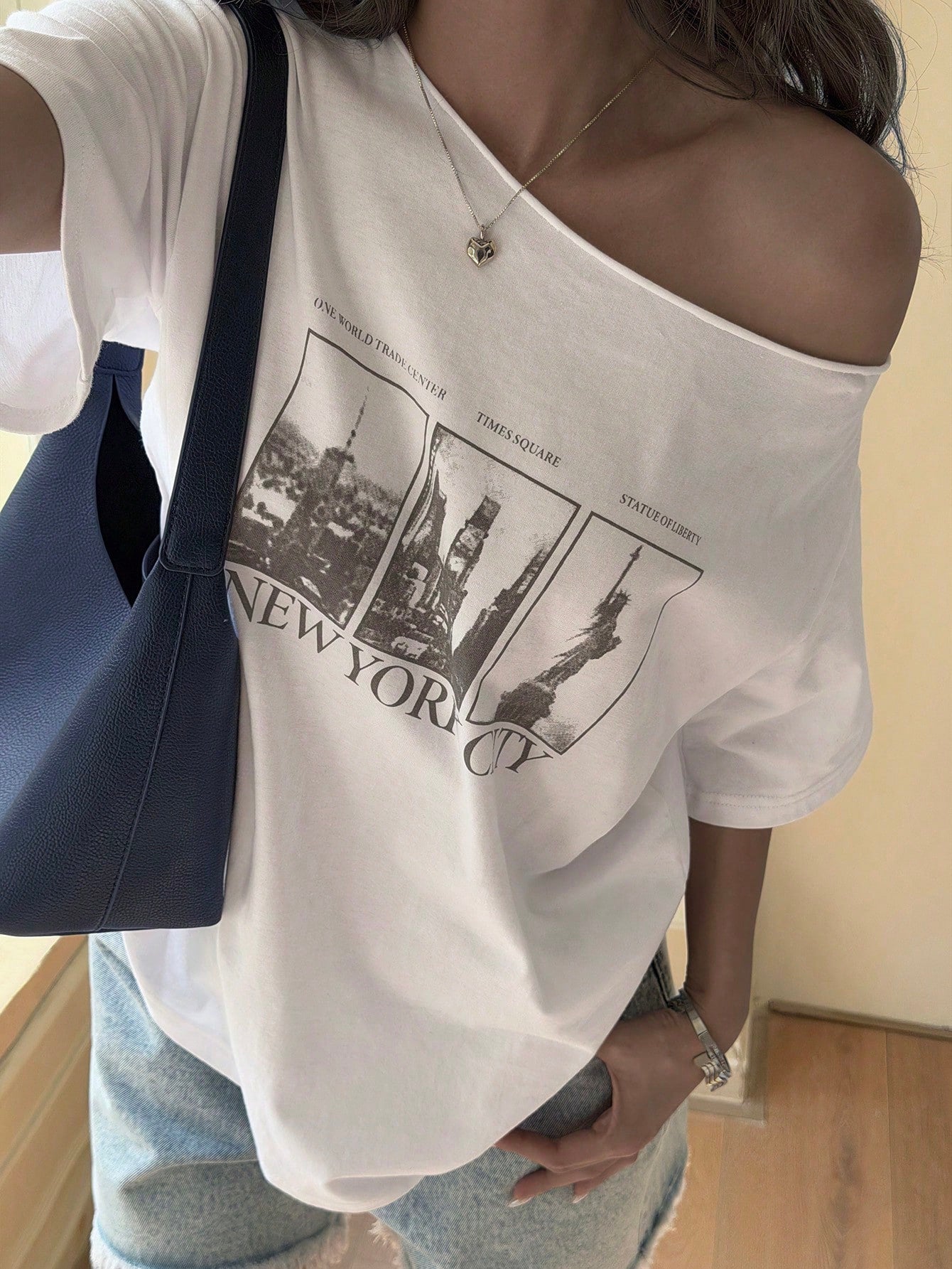 SXV Letter & Building Print Loose Fit Asymmetrical Shoulder Short Sleeve T-Shirt Summer