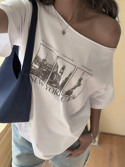 SXV Letter & Building Print Loose Fit Asymmetrical Shoulder Short Sleeve T-Shirt Summer