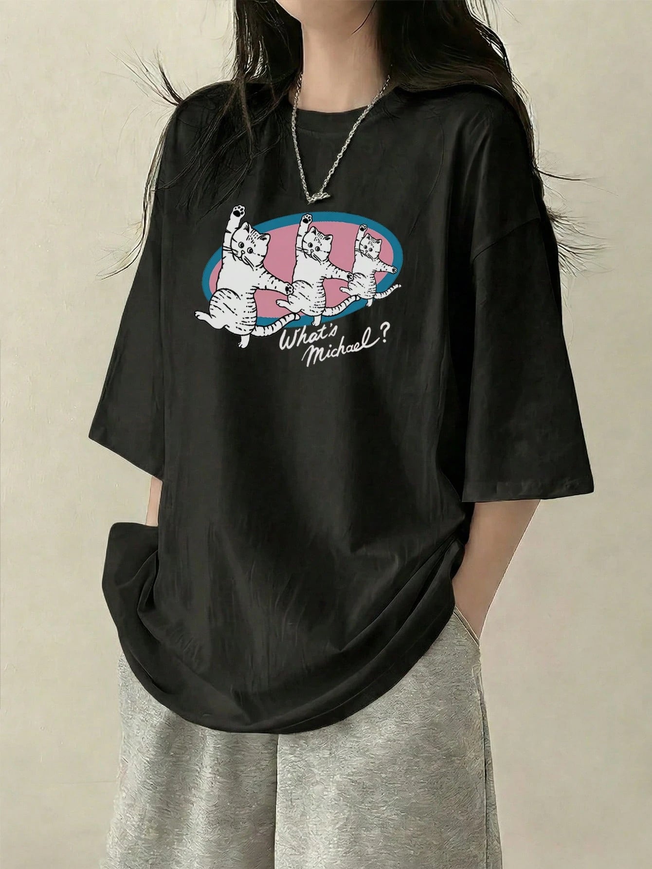 SXV Women's Loose Fit Round Neck Short Sleeve Letter & Cat Print T-Shirt, Spring