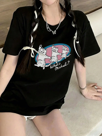 SXV Women's Loose Fit Round Neck Short Sleeve Letter & Cat Print T-Shirt, Spring