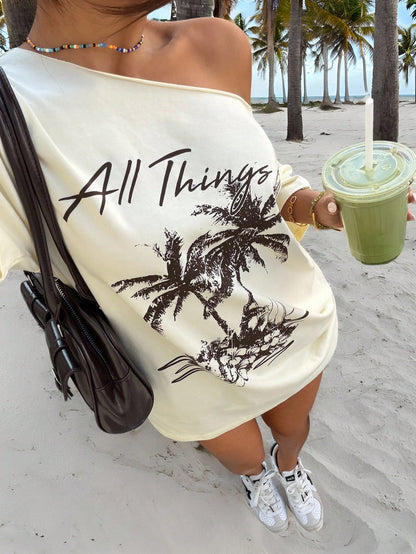 SXV New Coconut Palm Tropical Print Casual Loose One-Shoulder Light Yellow Women's T-Shirt