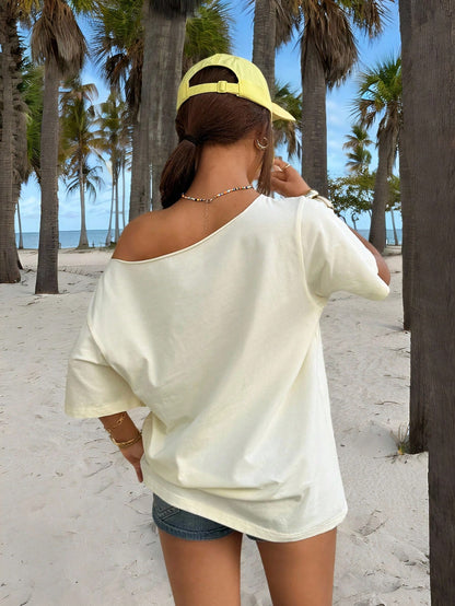 SXV New Coconut Palm Tropical Print Casual Loose One-Shoulder Light Yellow Women's T-Shirt