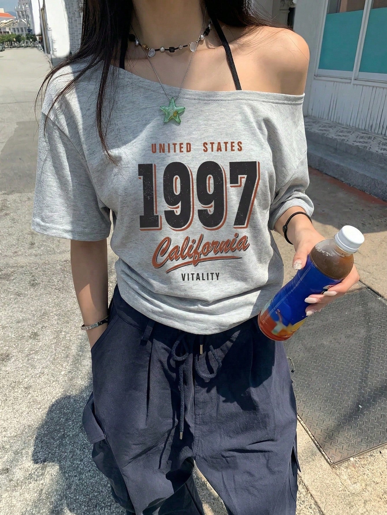 SXV Y2K Retro California 1997 Letter Graphic Cold Shoulder Loose Gray Asymmetric Hem T-Shirt
