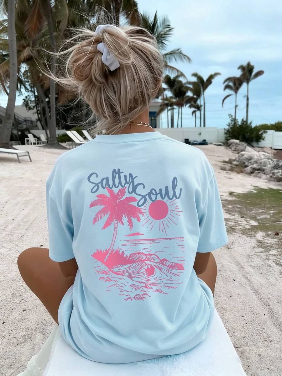 SXV Summer New Coconut Tree Print Casual Round Neck Short Sleeve T-Shirt