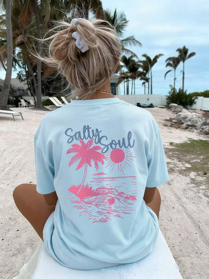 SXV Summer New Coconut Tree Print Casual Round Neck Short Sleeve T-Shirt