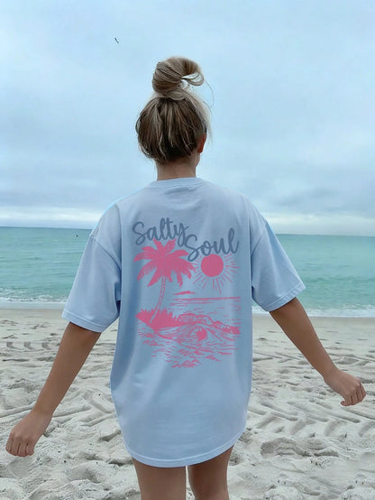 SXV Summer New Coconut Tree Print Casual Round Neck Short Sleeve T-Shirt