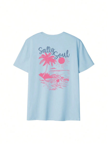 SXV Summer New Coconut Tree Print Casual Round Neck Short Sleeve T-Shirt