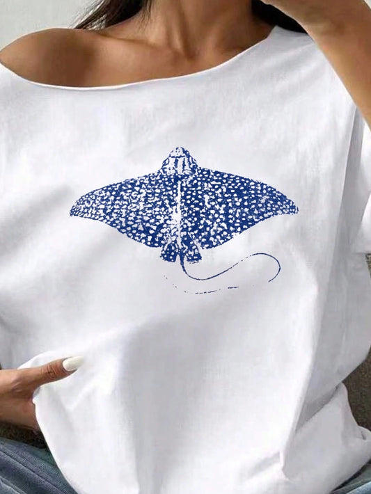 SXV Tropical Ocean Stingray Graphic Tee - White Oversized Off-Shoulder T-Shirt