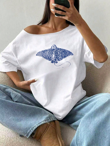 SXV Tropical Ocean Stingray Graphic Tee - White Oversized Off-Shoulder T-Shirt
