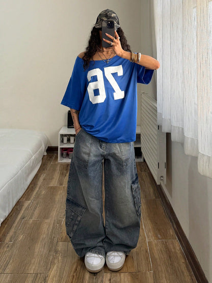 SXV Women's Loose T-Shirt, Y2K Style, Oversized Asymmetrical Shoulder, Blue Sports Number 76