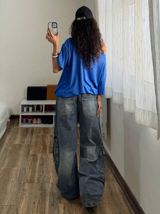 SXV Women's Loose T-Shirt, Y2K Style, Oversized Asymmetrical Shoulder, Blue Sports Number 76