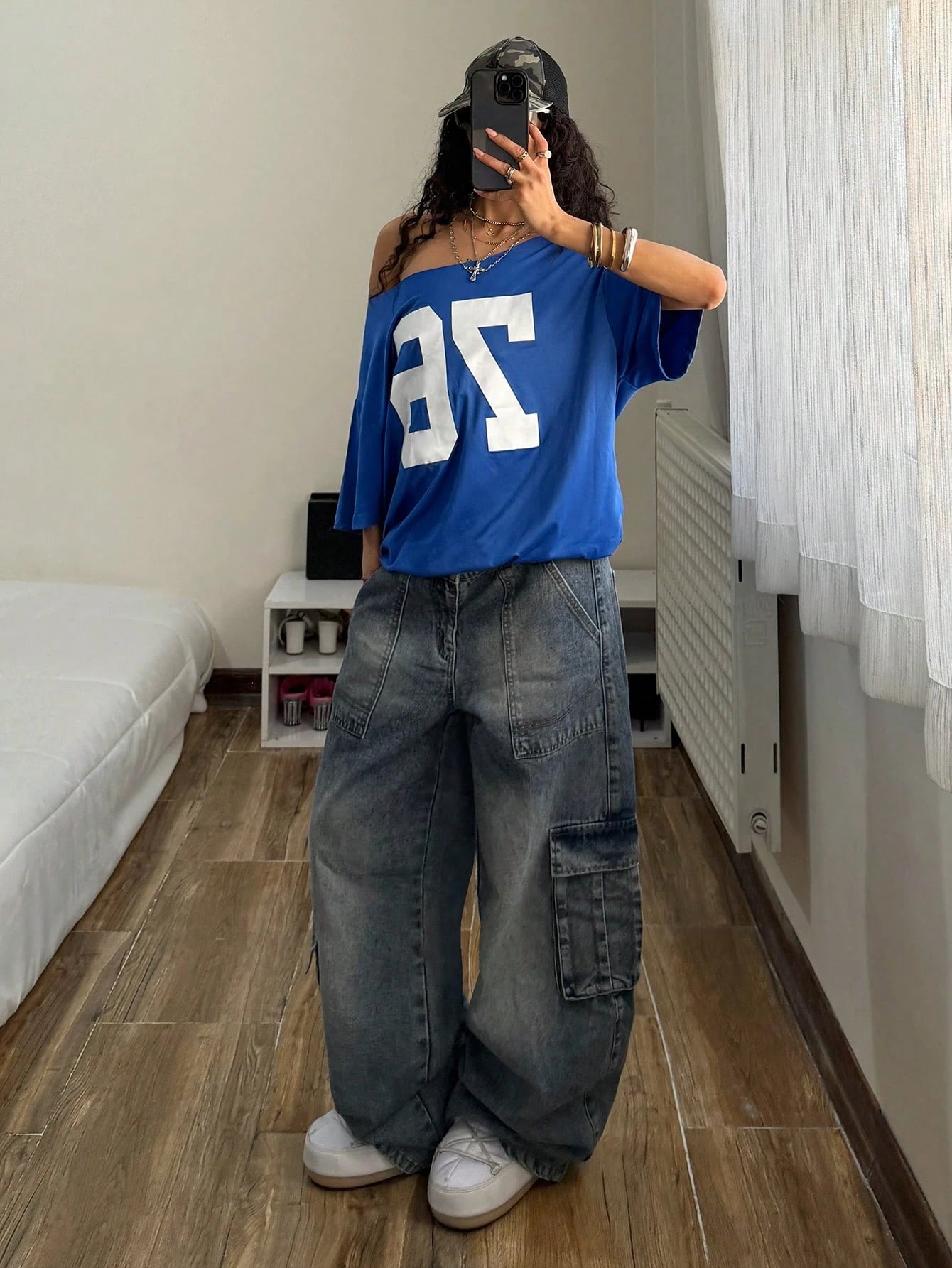 SXV Women's Loose T-Shirt, Y2K Style, Oversized Asymmetrical Shoulder, Blue Sports Number 76